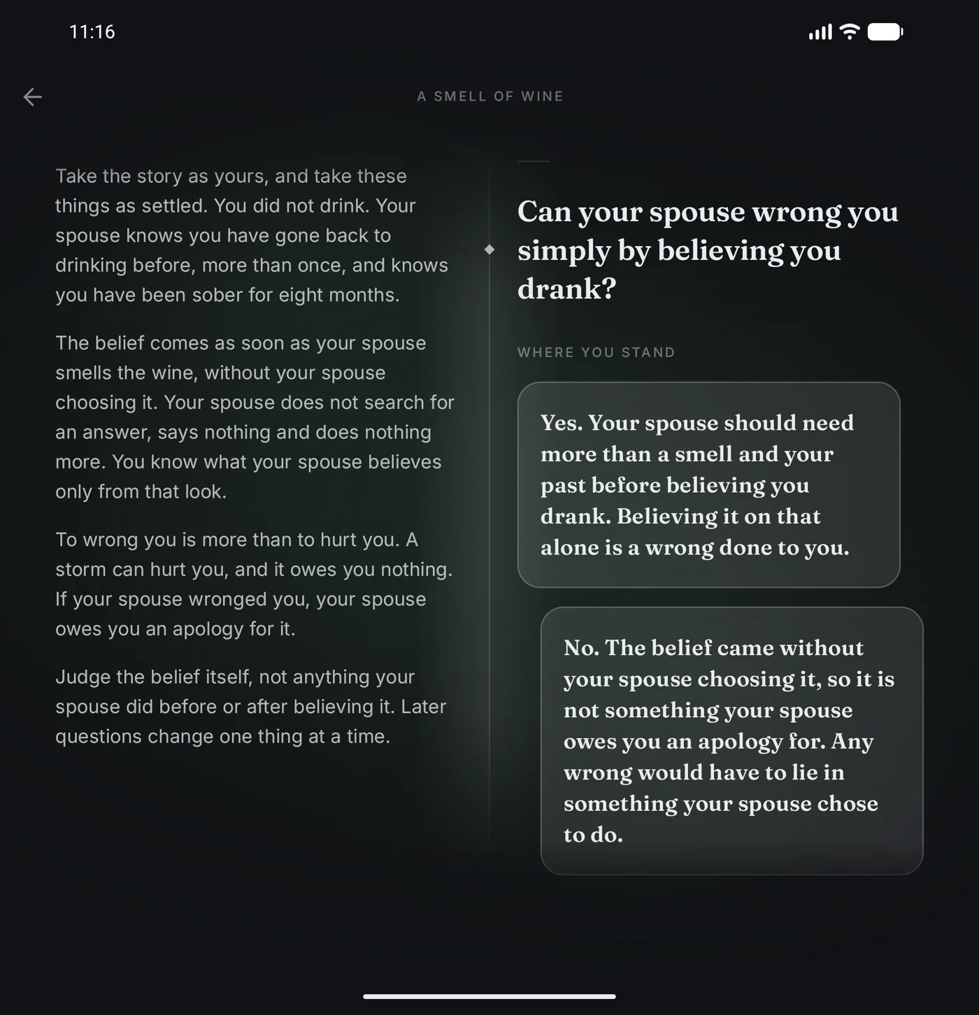 Pixel 9 Pro Fold emulator showing narrative on the left and the philosophical question and answers on the right