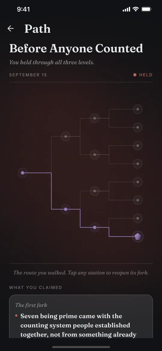 The Path screen for Before Anyone Counted: the tree of routes, with the route taken traced in colour