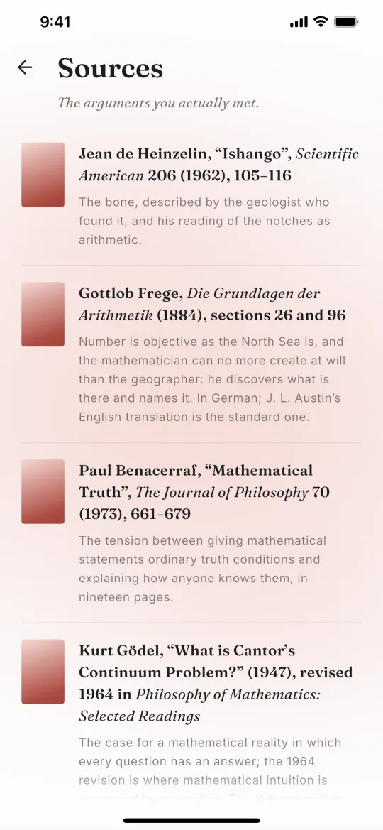 The Sources screen for Before Anyone Counted: citations for Frege, Benacerraf and Gödel with notes