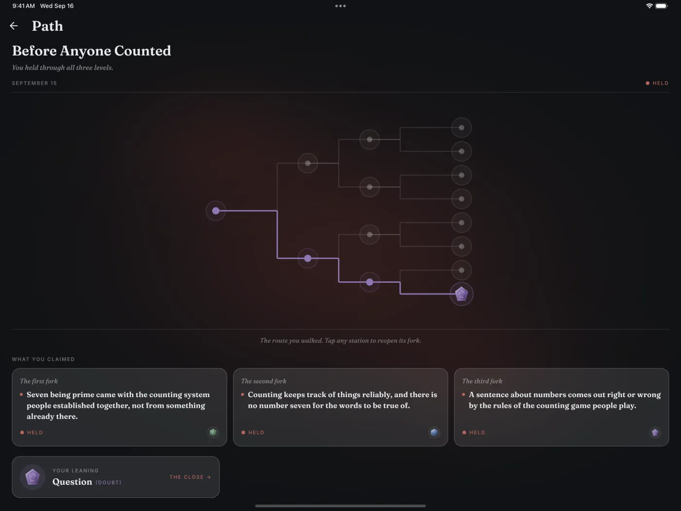 The Path screen on iPad in dark mode: the tree of routes through Before Anyone Counted, the route taken traced in colour, and the three claims below