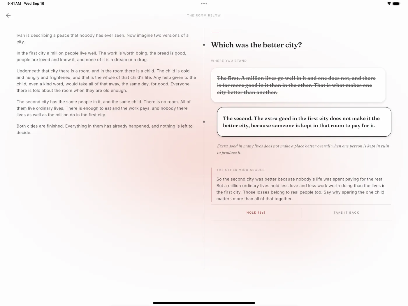 The Room Below on iPad, opened like a book: the story on the left page, the question and both answers on the right, with the other mind's argument below